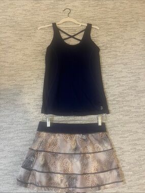 Navy Crisscross-Back Sports Tank with Animal-Print Skirt